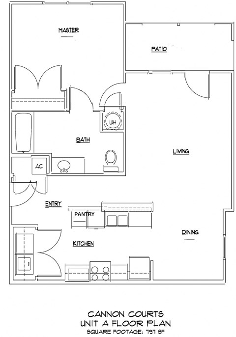 Floor plan for 1 bed, 1 bath, 797 sqft